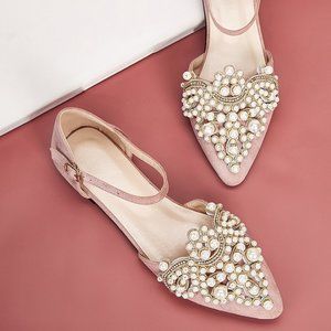 Faux Pearl Decor Buckle Strap Flats
